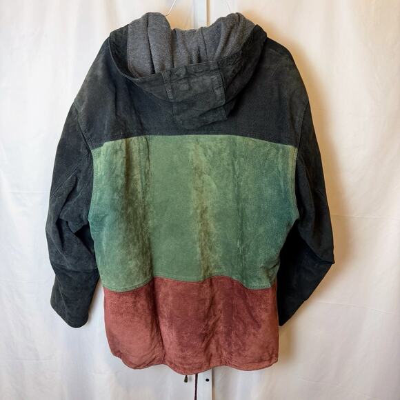 Outbrook VTG Y2K Suede Leather Colorblock Hooded Jacket Women’s L Green Rust - Picture 4 of 8
